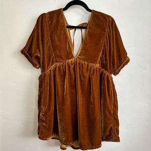 Free People Golden Brown Velvet Tunic Mini Dress or Oversized Blouse Size XS